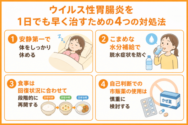 ウイルス性胃腸炎を1日でも早く治すための4つの対処法