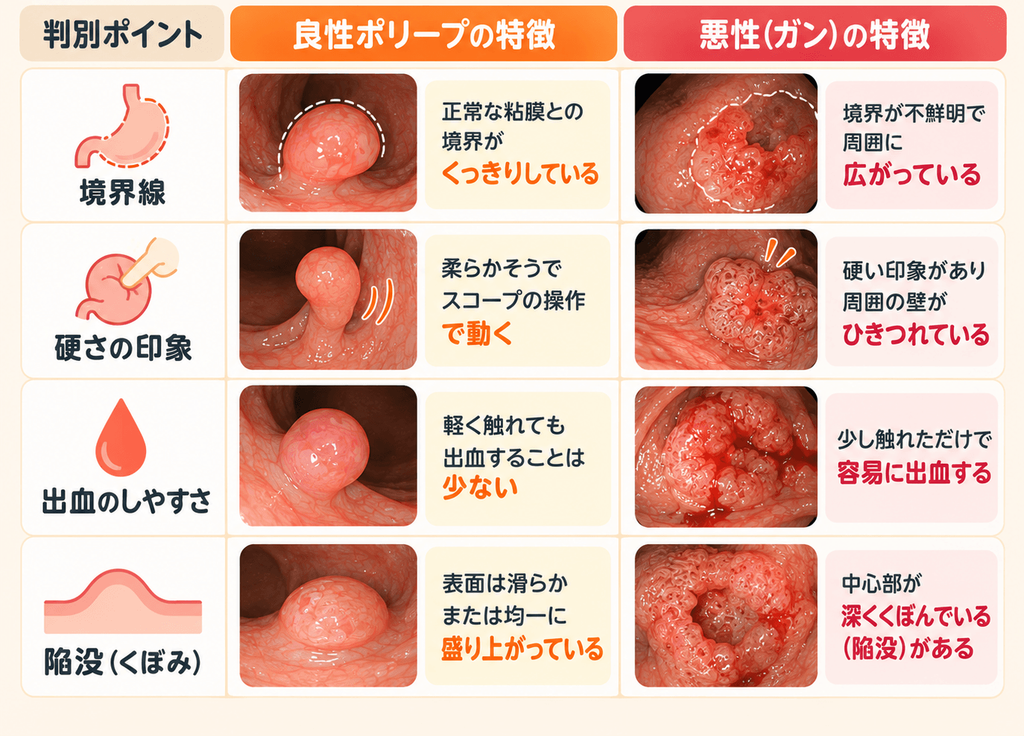 典型的な良性ポリープと悪性（ガン）の画像上の特徴
