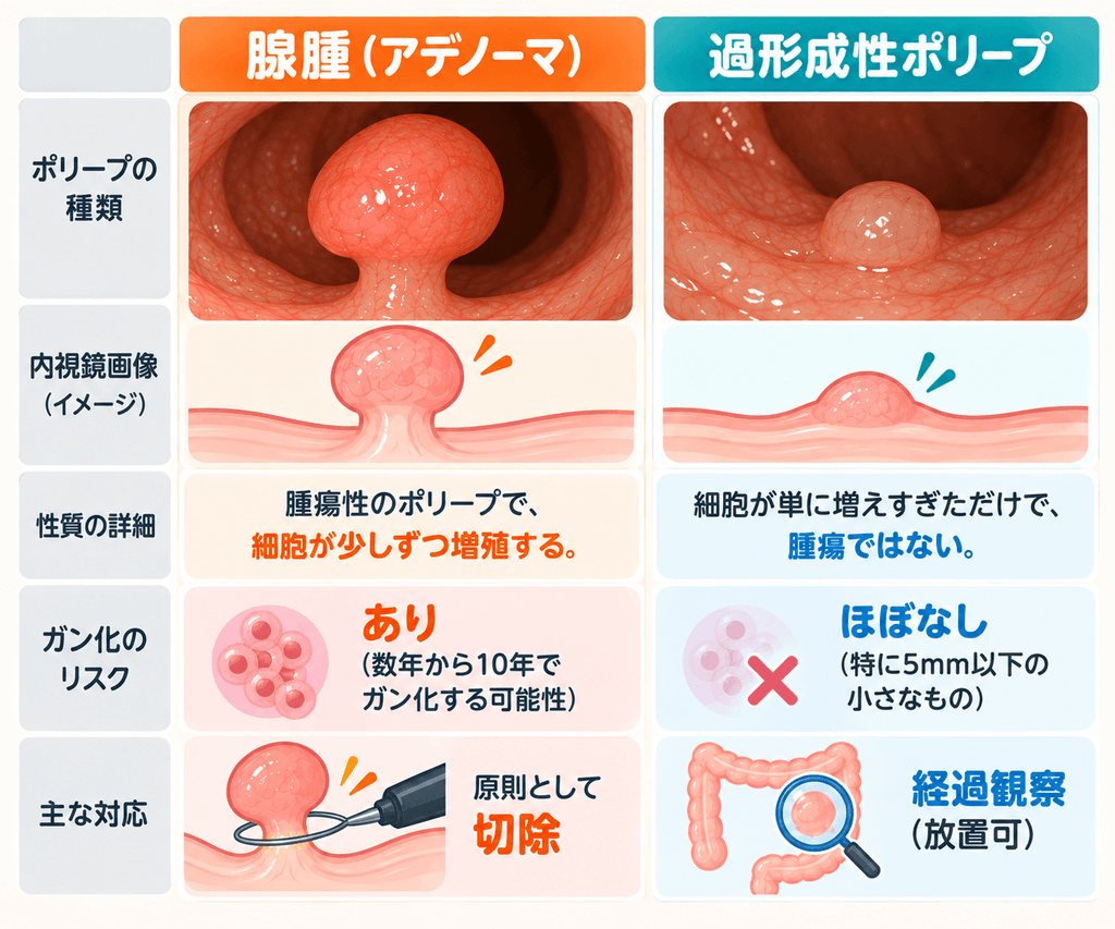 切除が必要な腺腫と放置可能な過形成性ポリープの違い