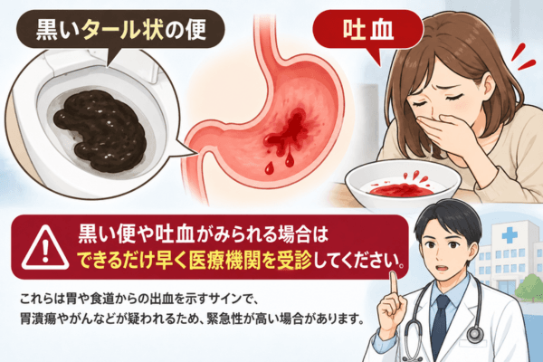 黒い便や吐血などの症状がある